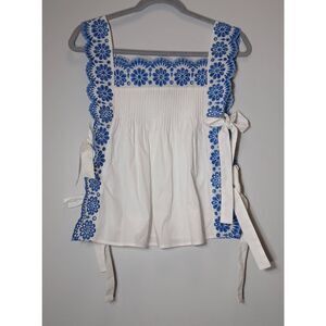 Pinnacle womens small square neck apron shirt top boxy blue white